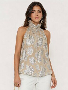 IRO Paris Halter Top Blouse Metallic Ruffle Neck Halter Chiffon Medium 6